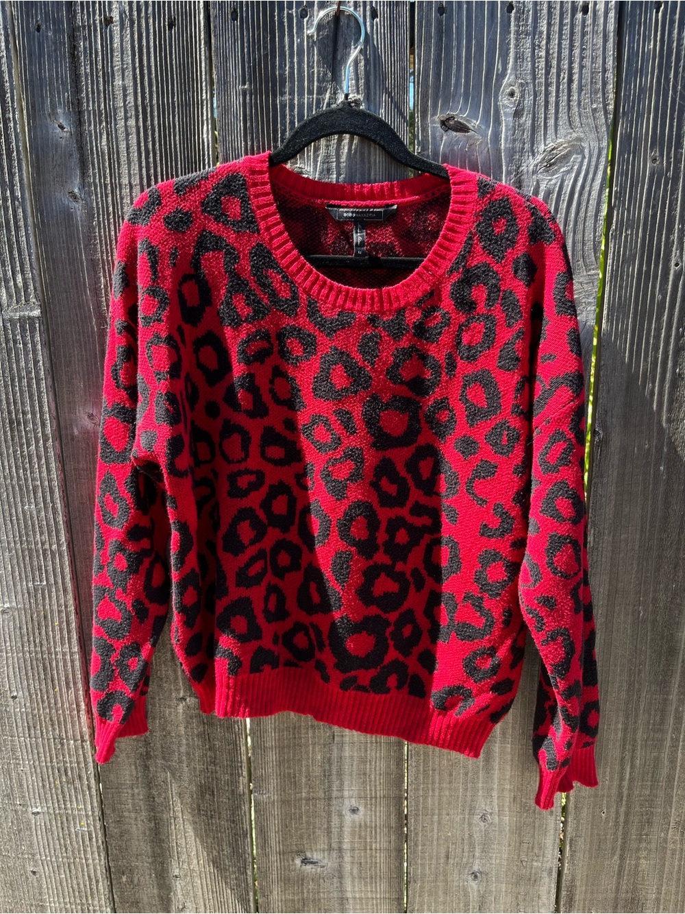 BCBGMaxAzria Red and Black Leopard-Print Crewneck Sweater